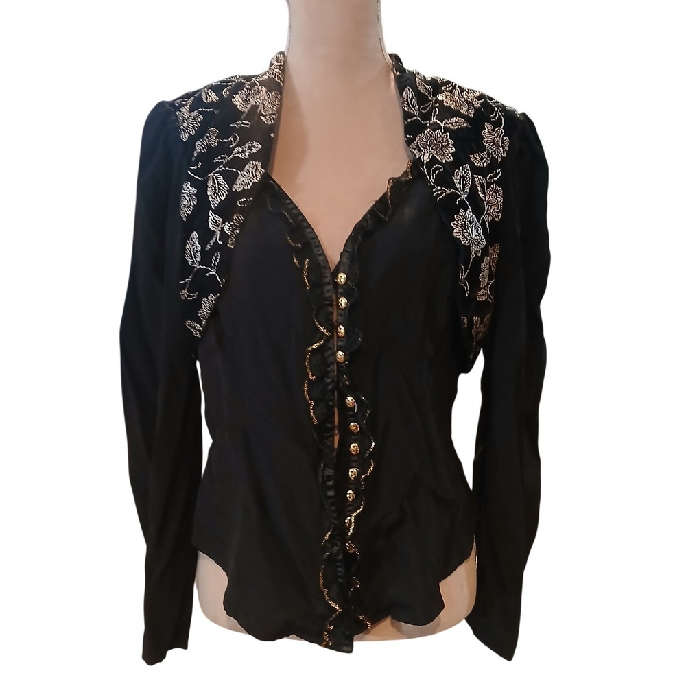 Vtg Circle T Marilyn Lenox sz Large Western Blouse Black Velvet Gold - READ